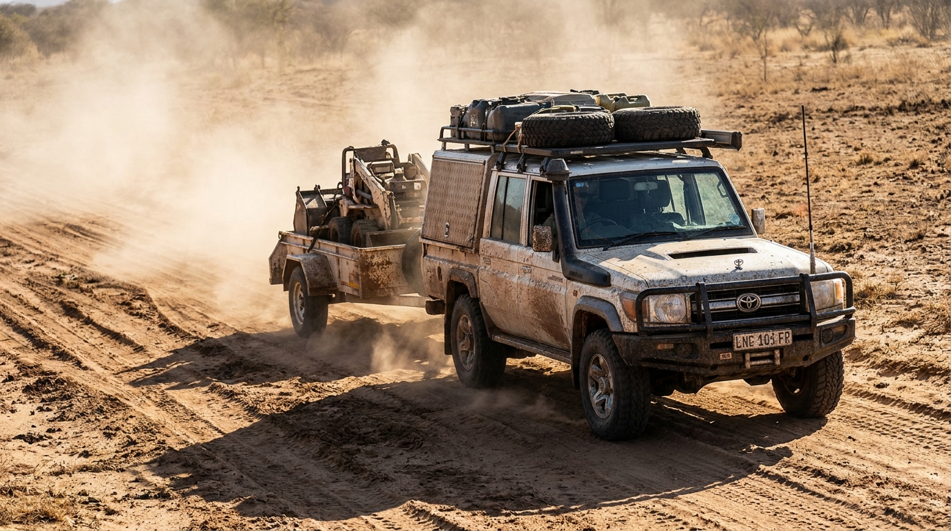 Land Cruiser remolcando equipo pesado en camino off-road polvoriento en Africa — condiciones de alta carga termica que aceleran el desgaste del radiador