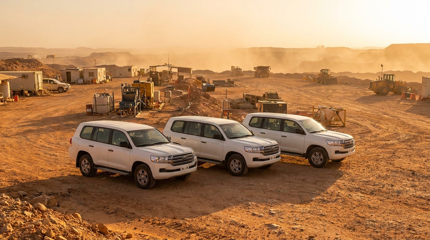 Flota de Land Cruiser en un sitio minero desertico en Medio Oriente — el contexto de flota comercial que impulsa la demanda mayorista de partes de enfriamiento