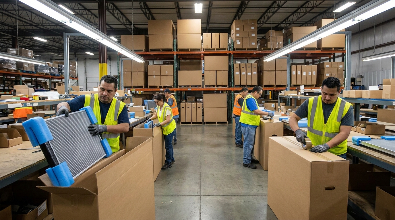Trabajadores embalando radiadores automotrices con protectores de espuma en cartones de exportacion en un almacen