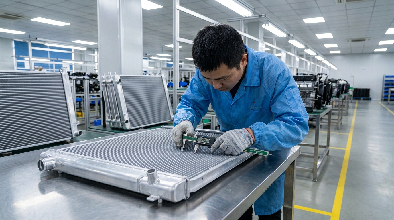 Trabajador midiendo un radiador de aluminio Land Cruiser con calibrador digital durante inspeccion de calidad en fabrica China
