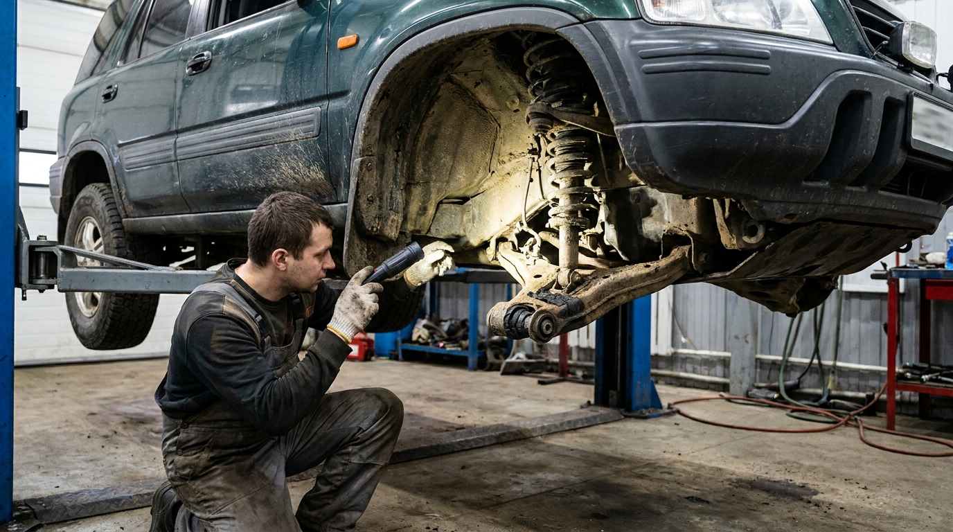 Mecanico revisando la suspension delantera de una 4x4 levantada — brazo inferior con buje de goma agrietado visible, falla tipica en caminos rurales