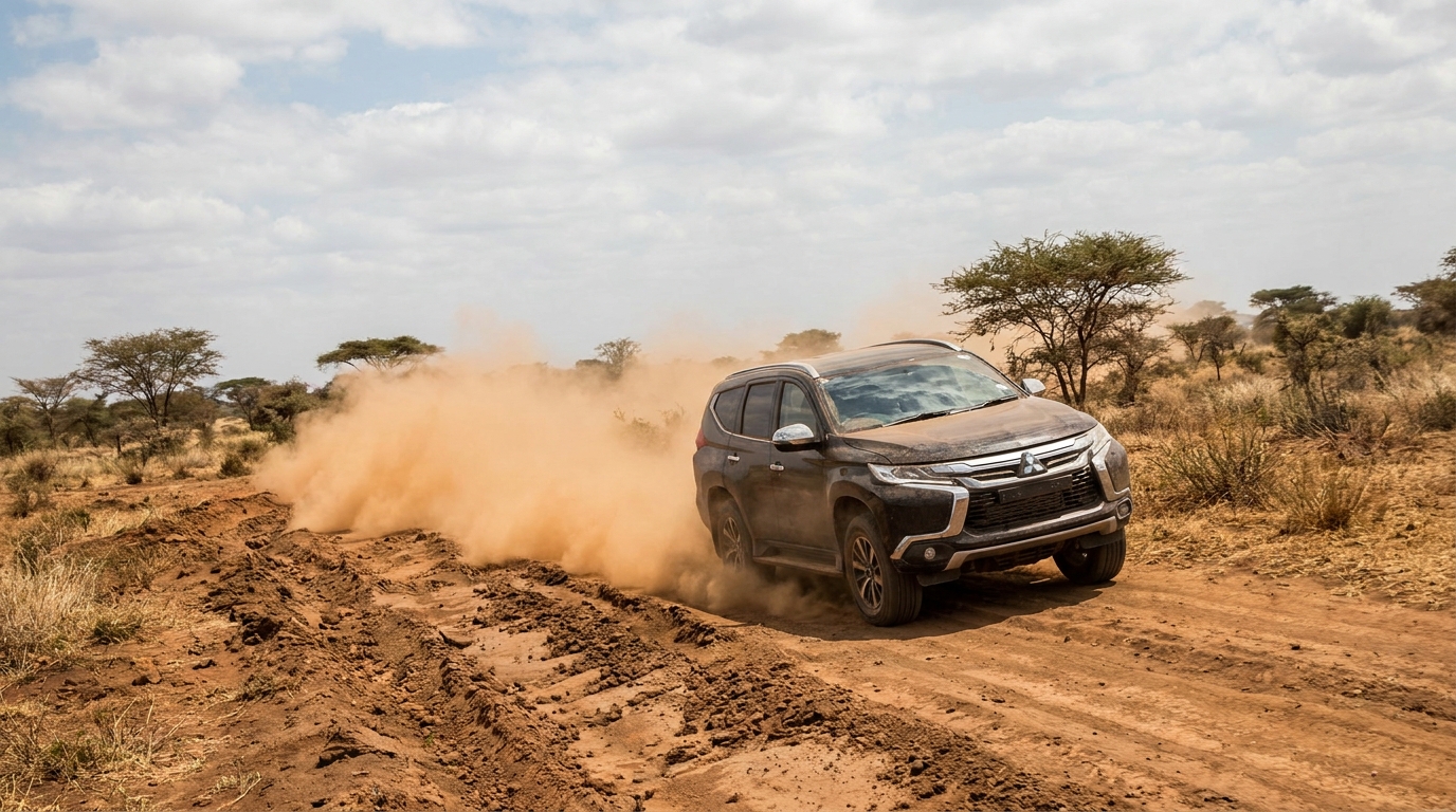Pajero Sport 4x4 conduciendo en un camino de tierra accidentado a traves de sabana seca — las condiciones off-road exigentes que generan demanda de brazos de suspension