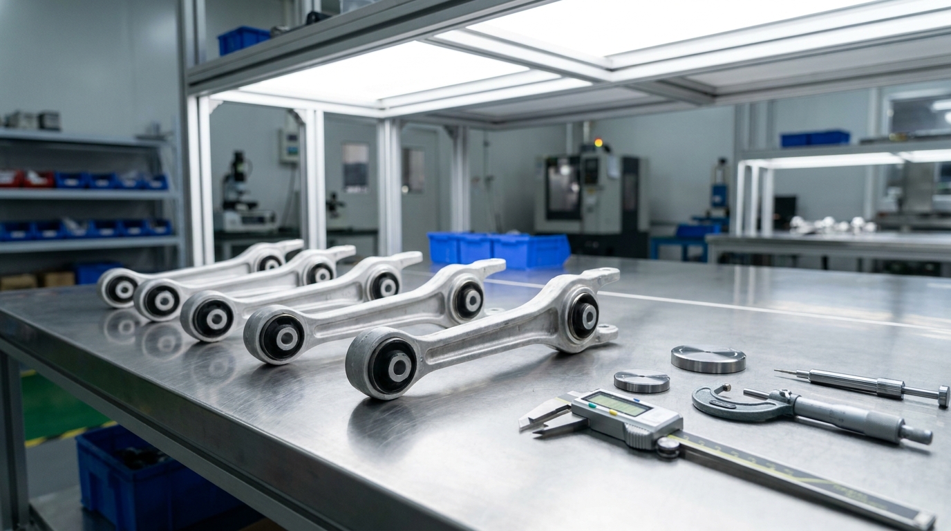 Brazos de suspension Pajero Sport alineados en una mesa de inspeccion con calibradores digitales — comparacion de calidad antes de comprometer pedido