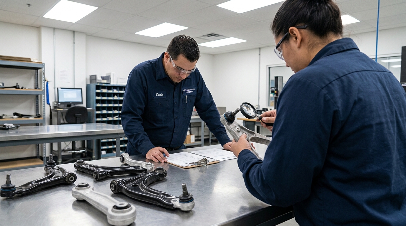 Profesionales de autopartes comparando muestras de brazos Pajero Sport en un banco de trabajo con documentacion de inspeccion