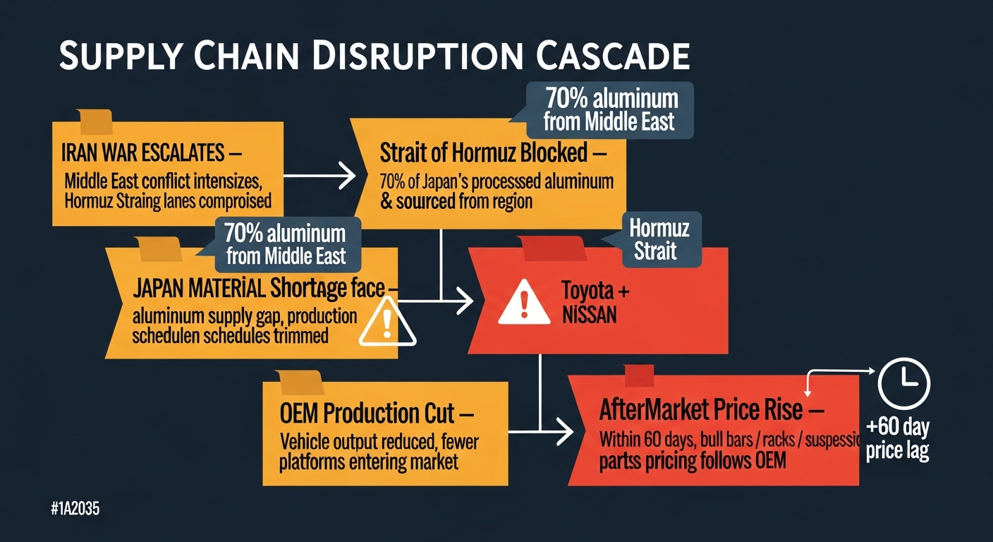 Supply chain disruption cascade: Iran war → Hormuz → aluminum shortage → Toyota/Nissan production cut → aftermarket price rise