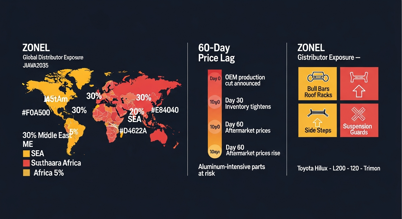 Global market impact infographic: distributor exposure by region and 60-day price lag timeline