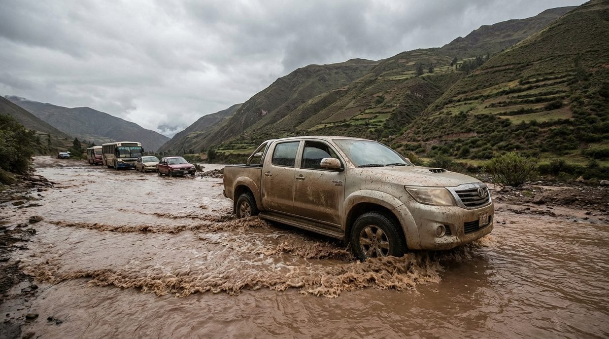 Toyota Hilux pickup truck driving through deep floodwater on an Andean road in Peru, water at door sill level
