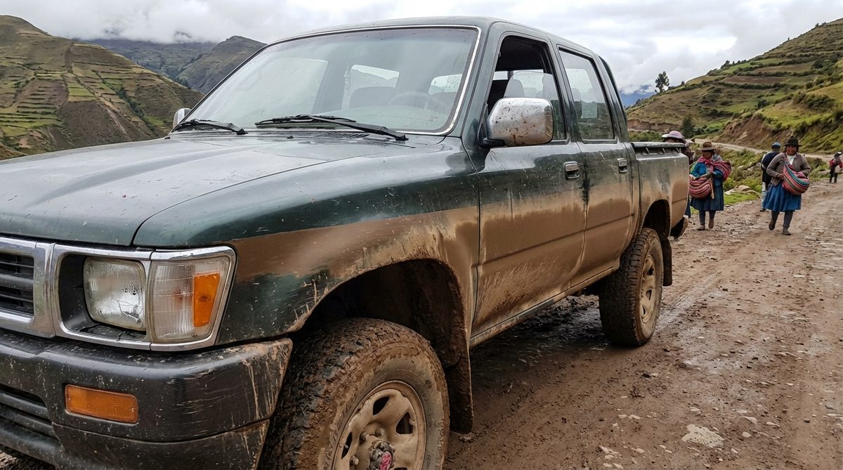 Flood-damaged Toyota Hilux parked beside an Andean road showing visible water stain line on door panels and moisture-fogged headlight lens
