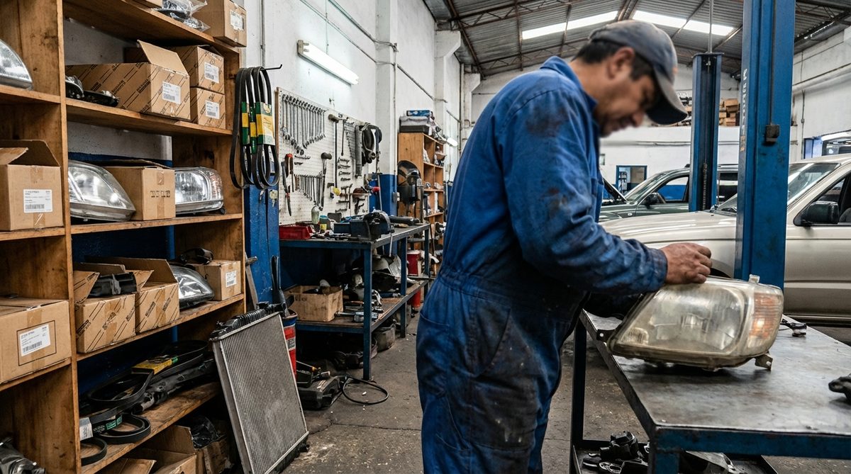 Auto repair workshop mechanic examining a Toyota Hilux headlight assembly on a workbench, spare parts on shelves behind