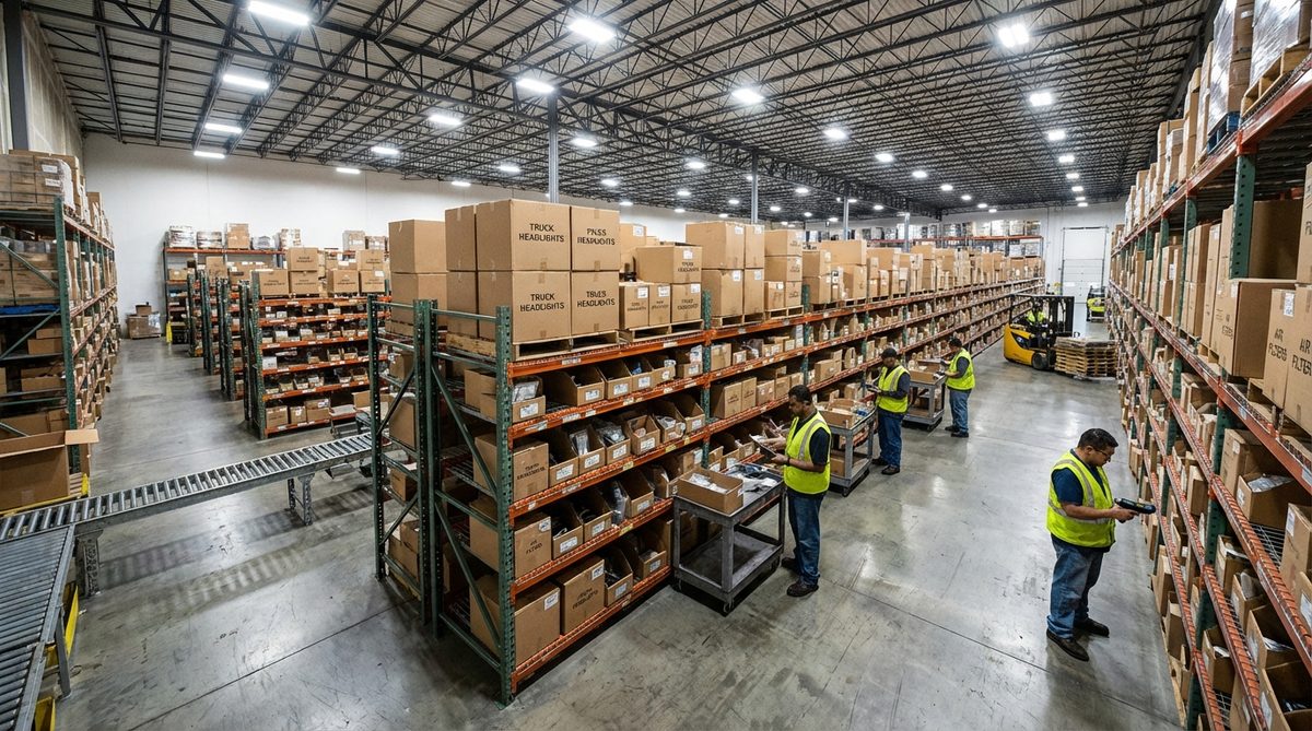 Large automotive parts warehouse with rows of shelving holding boxed truck headlights and filters, workers picking orders with forklift visible