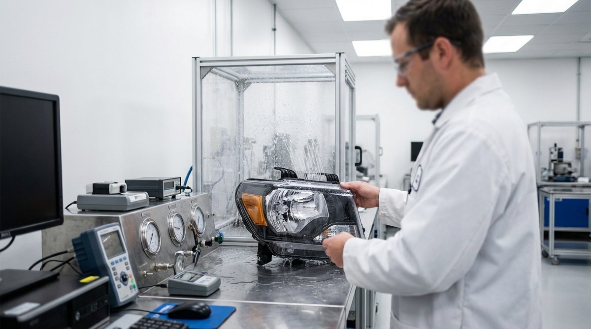 Quality control technician testing a truck headlight assembly with IP67 water resistance equipment in a clean automotive parts factory laboratory