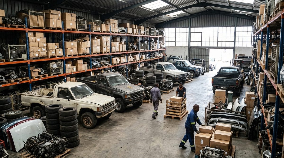 Two Toyota Hilux pickup trucks side by side in an auto parts warehouse showing platform generations