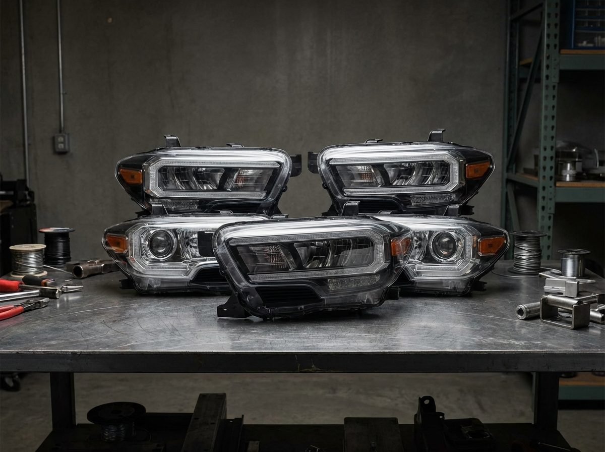 LED headlight assemblies for Toyota Hilux arranged on industrial workbench showing different generations