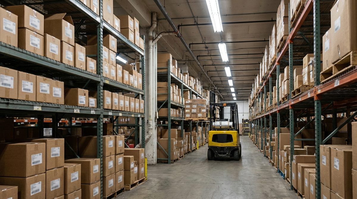 Large auto parts warehouse with organized shelving and forklift showing inventory management for platform transitions