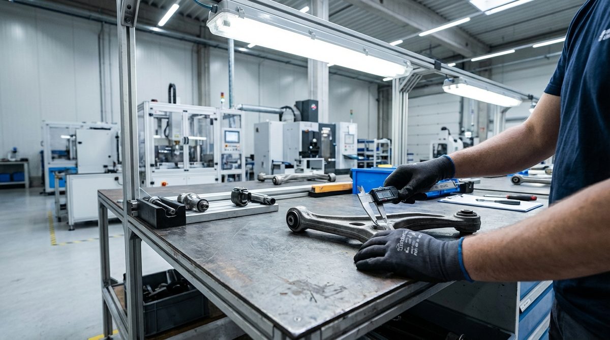 Quality control technician inspecting automotive suspension control arm with precision calipers in factory setting