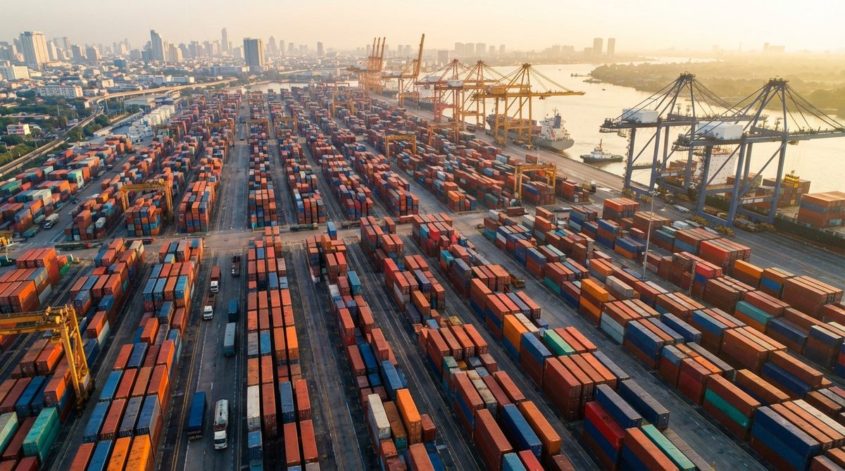 Aerial view of international cargo shipping port with rows of colorful stacked containers and cranes