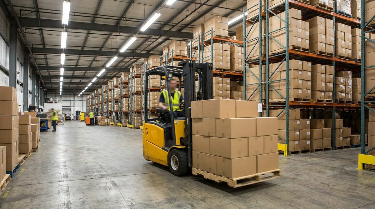 Warehouse interior with forklift moving auto parts pallets along organized shelving showing supply chain logistics