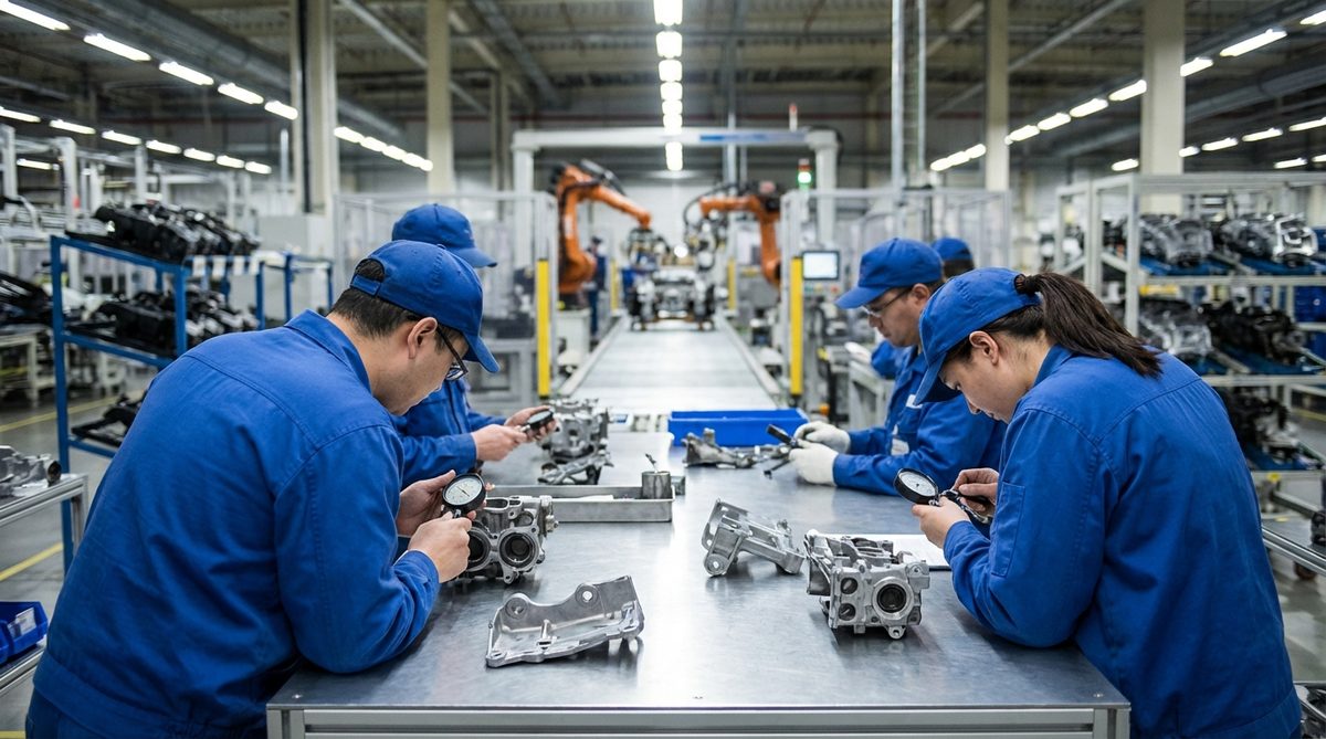 Auto parts factory inspection area with workers in blue uniforms examining components at quality station