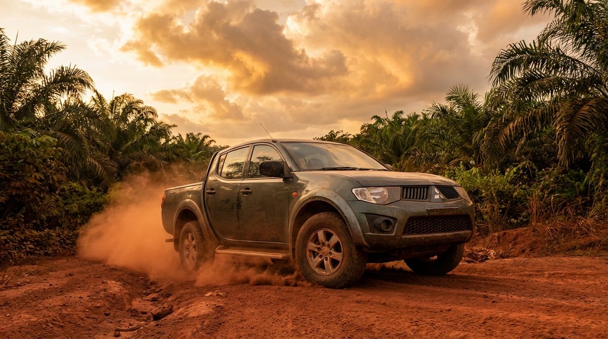 Mitsubishi Triton double-cab pickup truck on off-road trail showing 6th generation KL platform