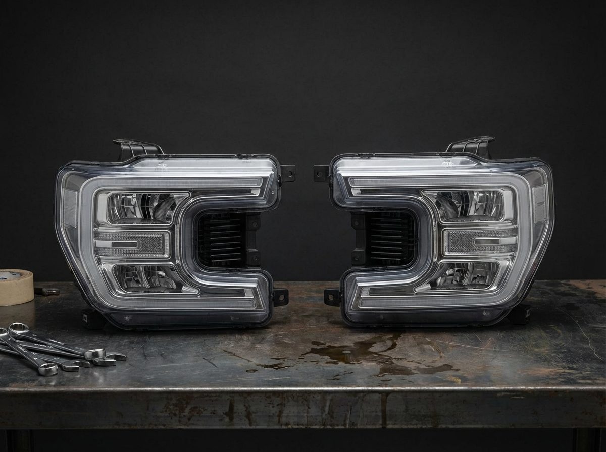 LED headlight assemblies for Mitsubishi pickup truck on workbench showing KB and KL platform differences