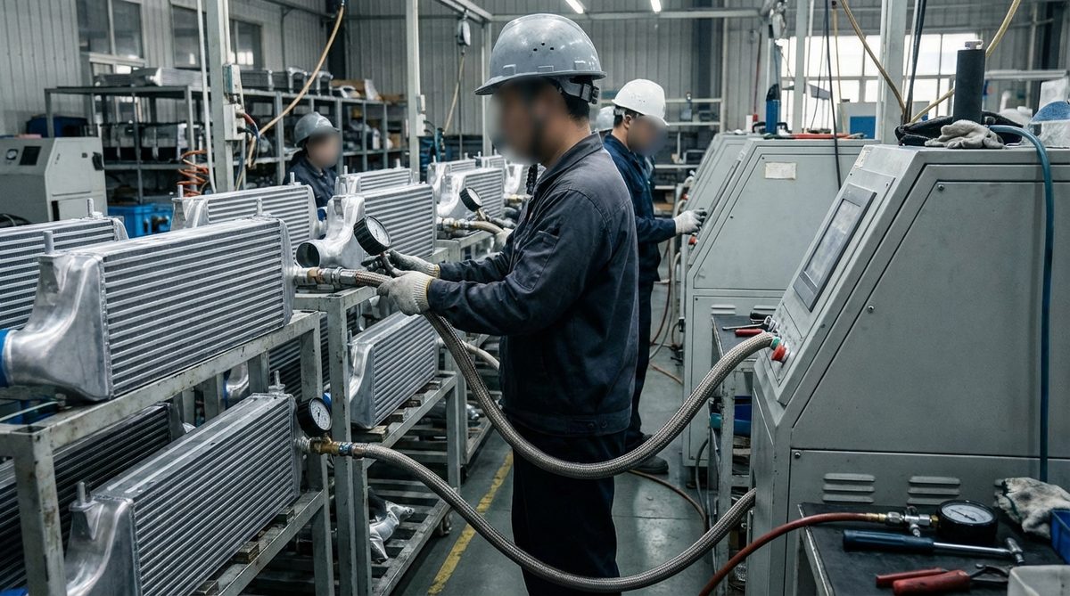 Intercooler pressure testing station at automotive parts factory with gauges and air hoses connected